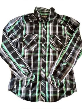 CHALC Men’s Black, Green & White Plaid Button-Down Shirt Vintage y2k era